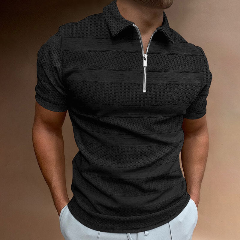 Summer Men's Solid Color Casual Jacquard Shirt - Short-Sleeved Lapel Top