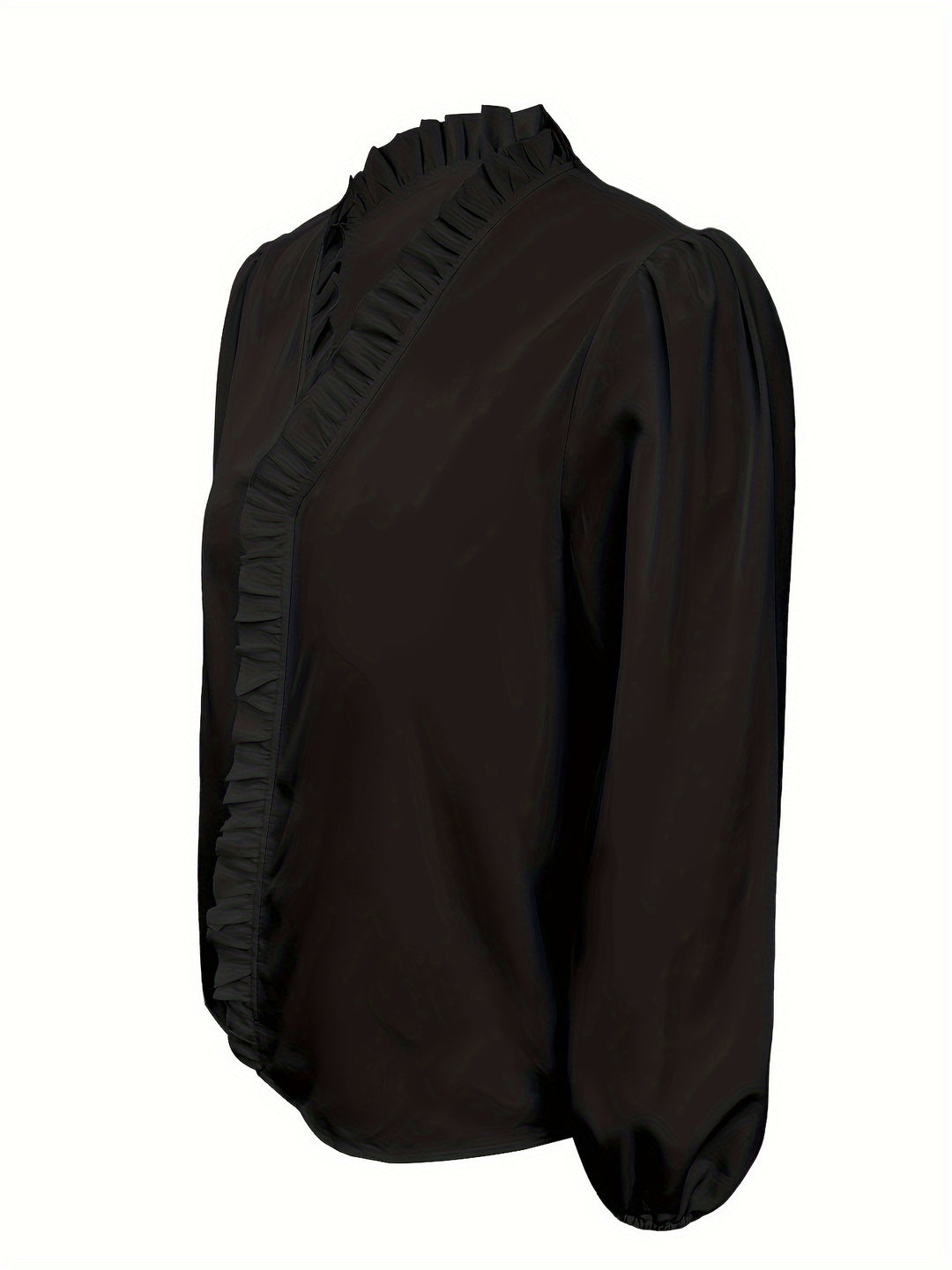 Pure Color Ruffle Hemline Shirt, Casual V-neck Long Sleeve Shirt.