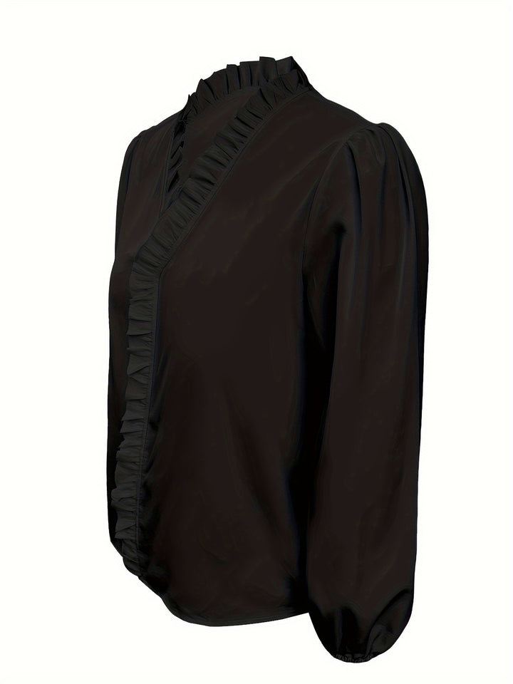 Pure Color Ruffle Hemline Shirt, Casual V-neck Long Sleeve Shirt.