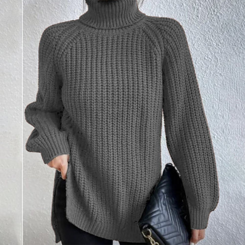 Turtleneck pullover sweater for women with split hem and thick mid-length knit