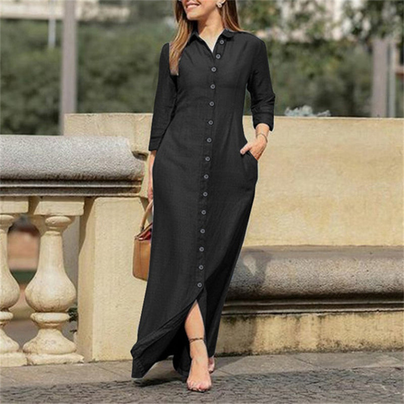 Women's Casual Denim Maxi Dress – Long Sleeve Button-Down Jean Dress with Pockets