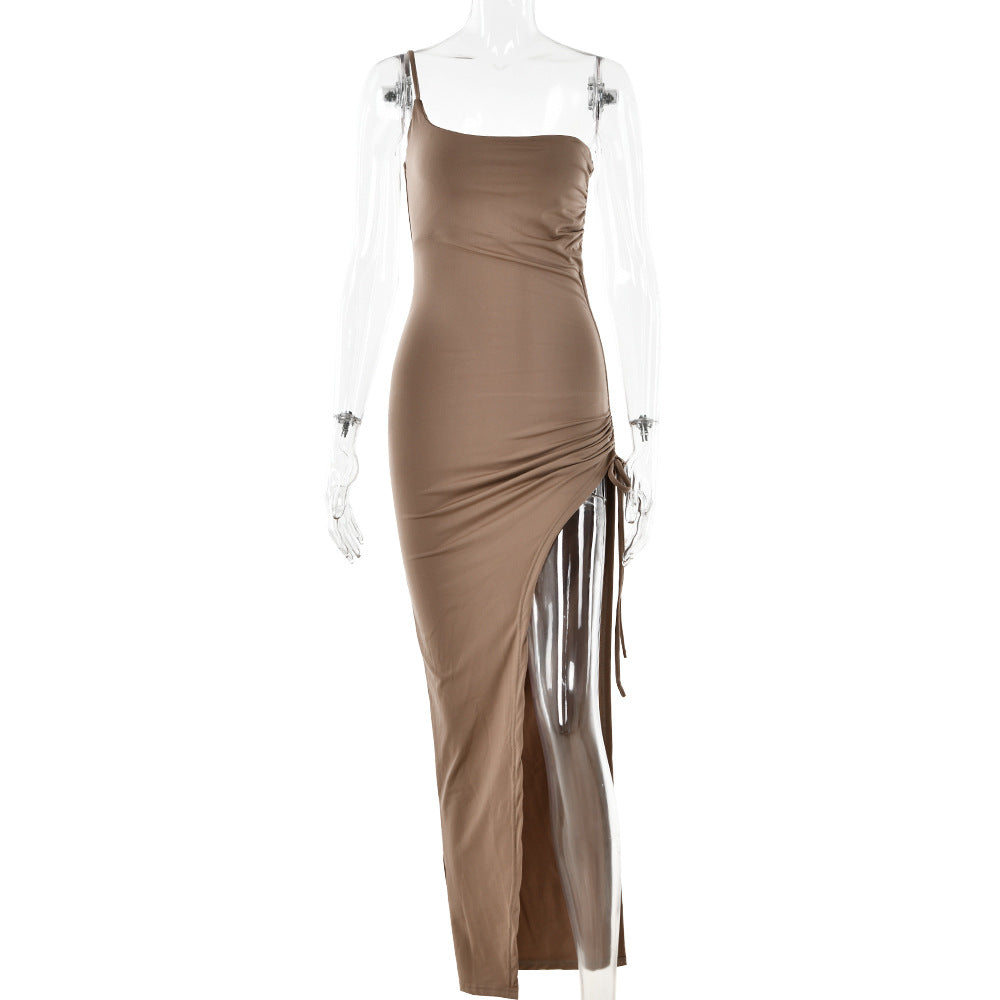 New One-Shoulder Strap Dress with Tight Fit and High Split