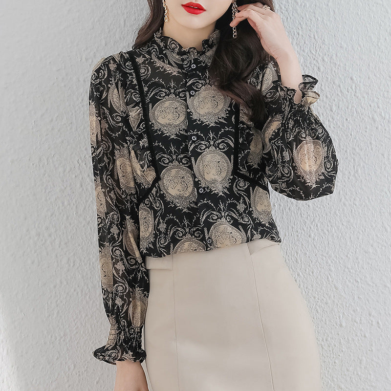 Black Printed Chiffon Shirt Women's Ruffled Stand Collar Temperament