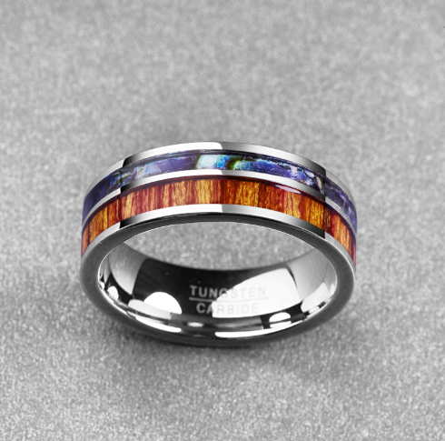 Men's 8MM Tungsten Carbide Ring – Polished Finish with Natural Wood & Shell Inlay | Fashion Anniversary Band