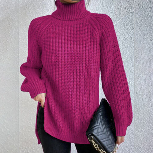 Turtleneck pullover sweater for women with split hem and thick mid-length knit