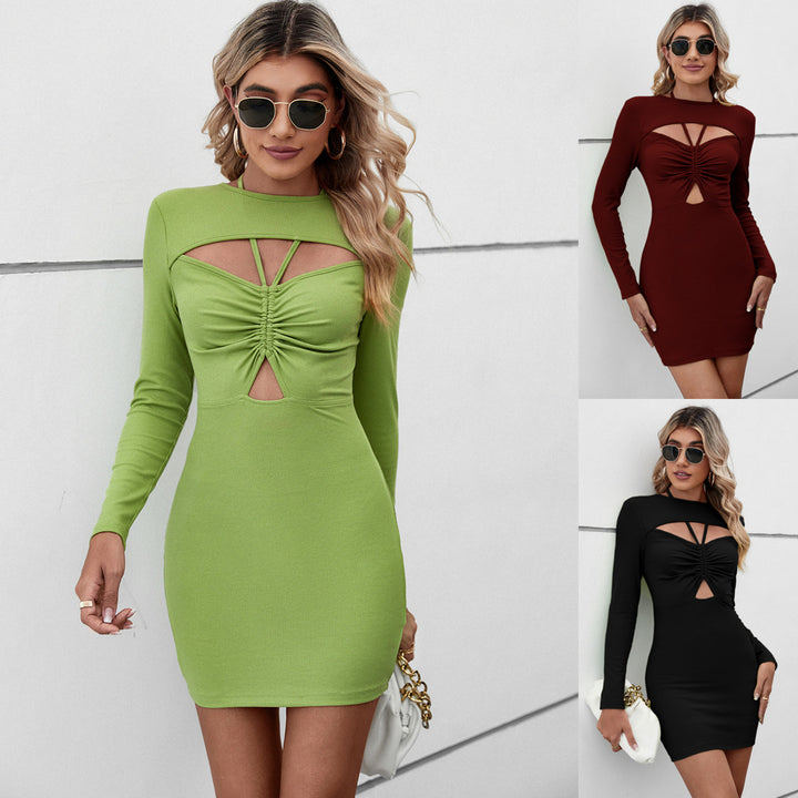 Halter Hollow Bag Short Long Sleeve Dress
 Product information:
 
 Color: green, black, wine red
 
 Waist Type: Mid waist
 
 Size: S,M,L,XL
 
 Combination form: Single piece
 
 Skirt length: short skirt
 
 