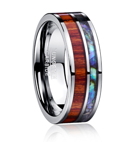Men's 8MM Tungsten Carbide Ring – Polished Finish with Natural Wood & Shell Inlay | Fashion Anniversary Band