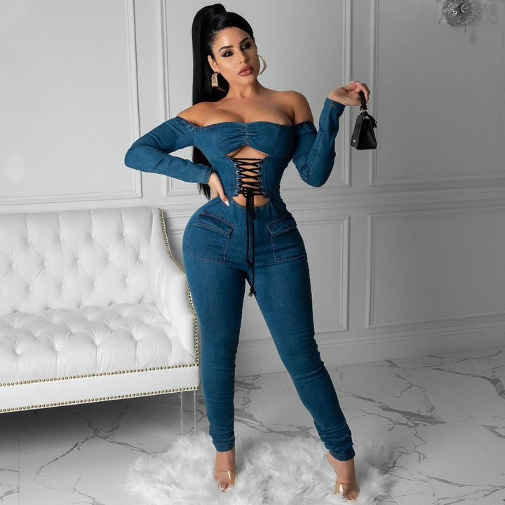 Women's One-piece Shoulder Strap Denim Jumpsuit
 
 Product information :
 
 
 Main fabric composition: cotton
 
 Waist type: middle waist
 
 Color: dark blue
 
 
 
 Size Information:
 
 
 Size: S,M,L,XL,XXL
 
 

