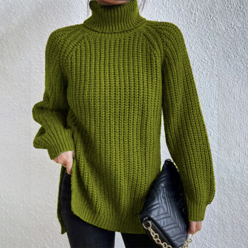 Turtleneck pullover sweater for women with split hem and thick mid-length knit