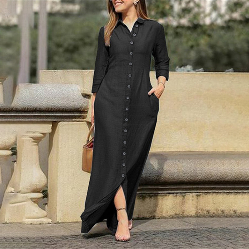 Women's Casual Denim Maxi Dress – Long Sleeve Button-Down Jean Dress with Pockets