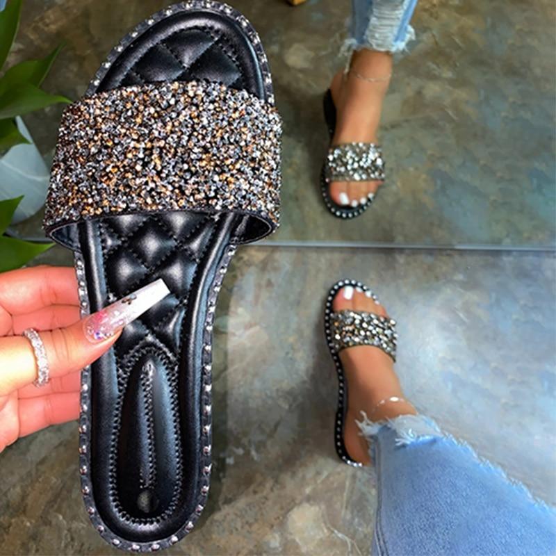 Crystal Bling Flat Sandals for Women – Summer Slides