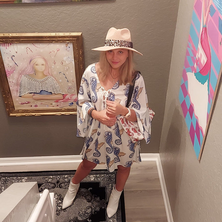 Womens Seahorses V-Neck Flare Sleeve Mini Dress