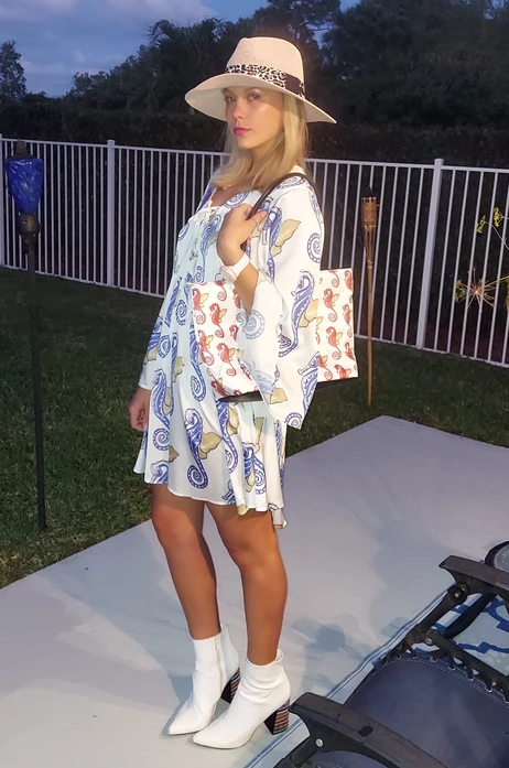 Womens Seahorses V-Neck Flare Sleeve Mini Dress