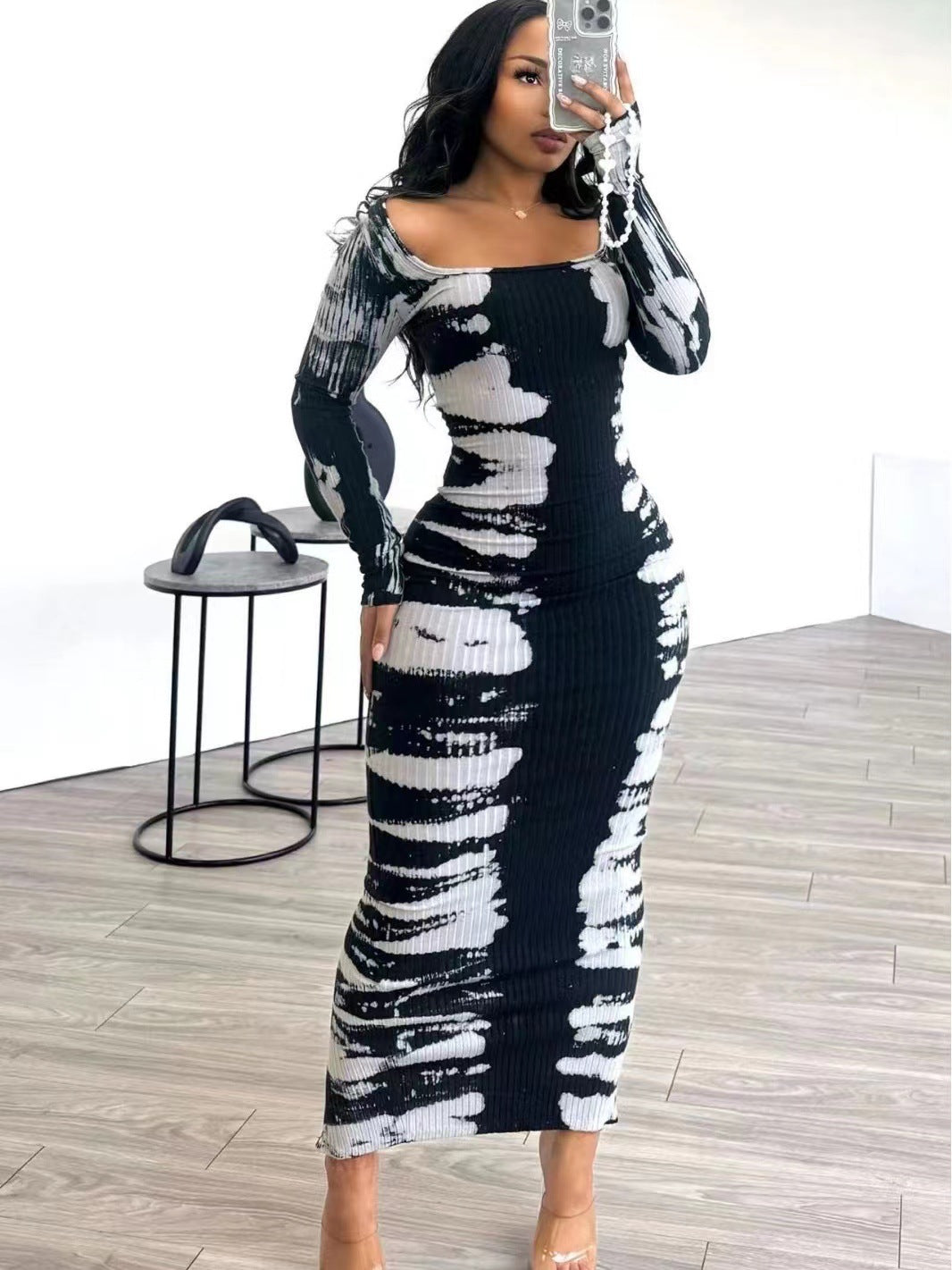 Square Collar Skinny Sheath Maxi Dress