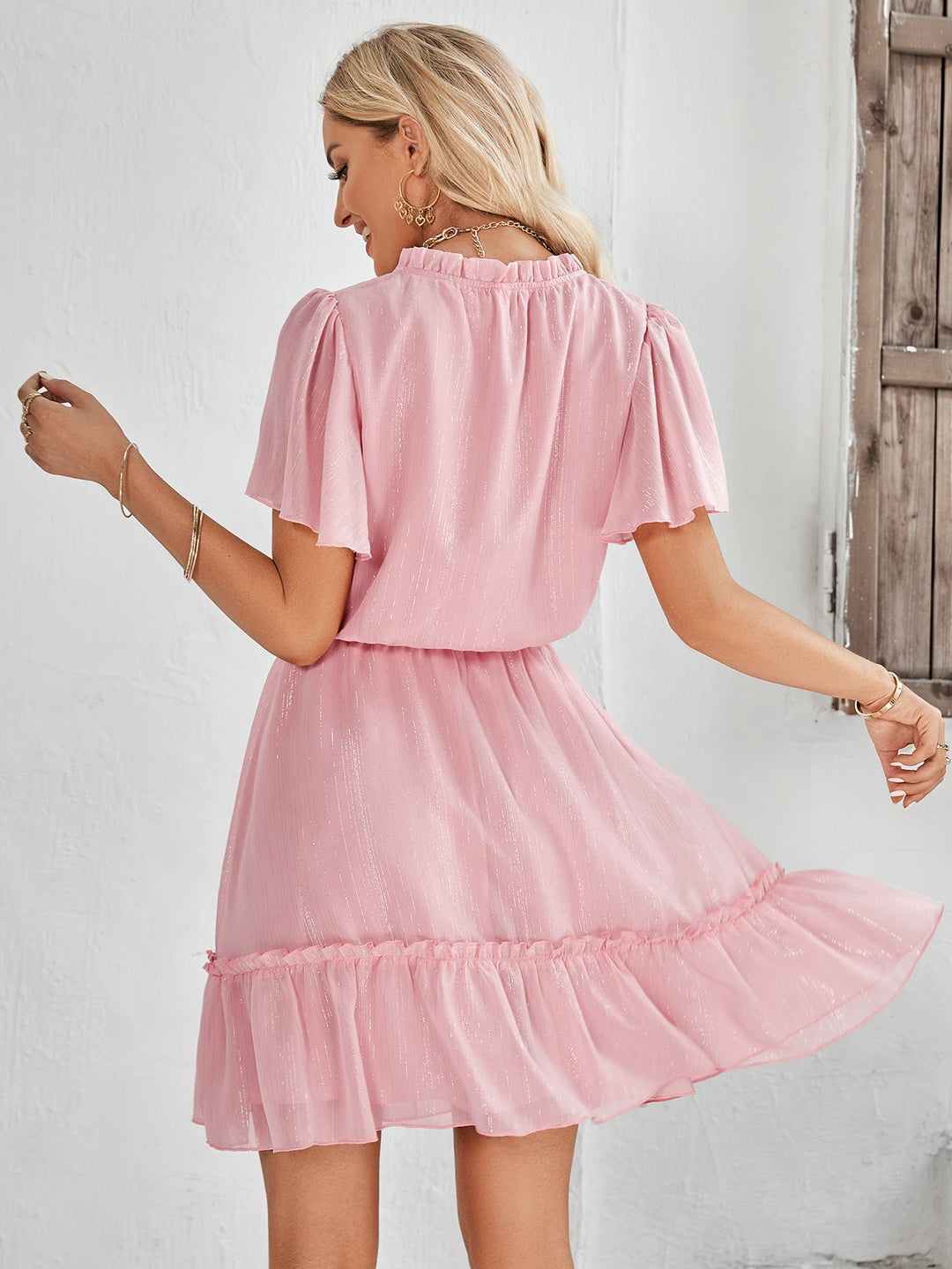 V-neck Solid Dress with Ruffled Hem