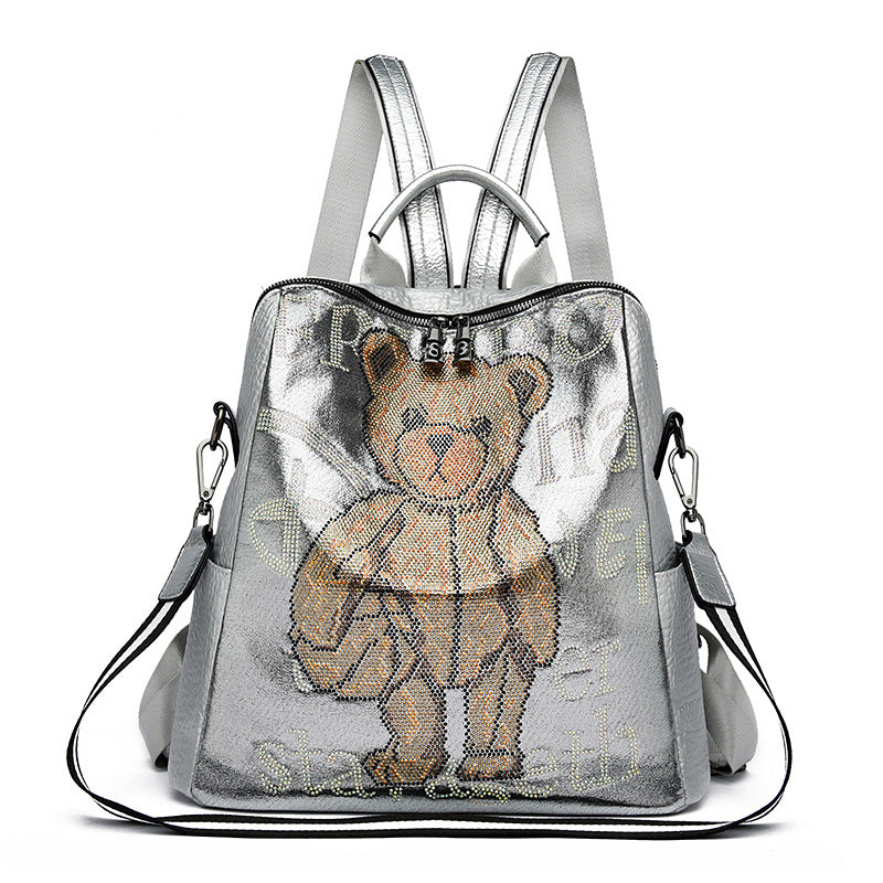 Women's Letter Multi-functional Rhinestone Bear Leather Backpack