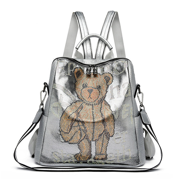 Women's Letter Multi-functional Rhinestone Bear Leather Backpack