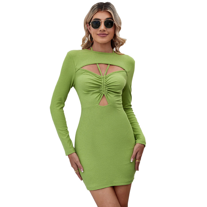 Halter Hollow Bag Short Long Sleeve Dress
 Product information:
 
 Color: green, black, wine red
 
 Waist Type: Mid waist
 
 Size: S,M,L,XL
 
 Combination form: Single piece
 
 Skirt length: short skirt
 
 