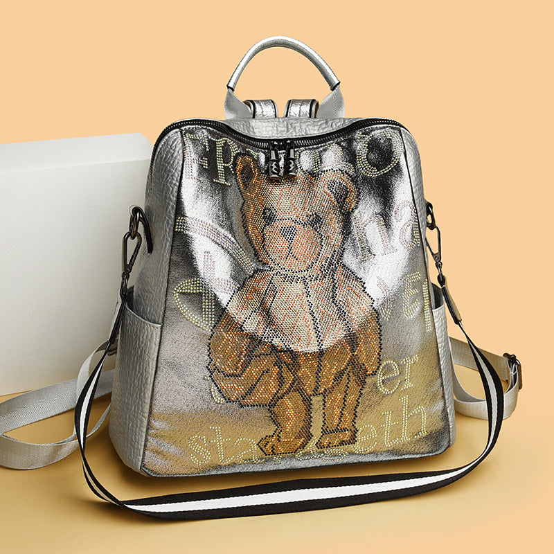 Women's Letter Multi-functional Rhinestone Bear Leather Backpack