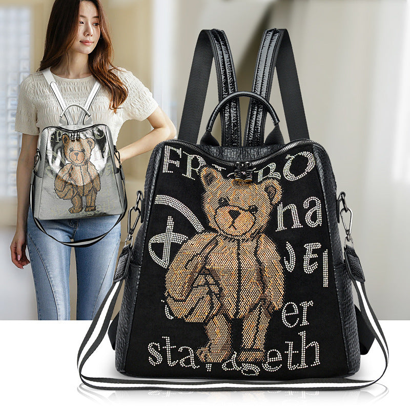 Women's Letter Multi-functional Rhinestone Bear Leather Backpack