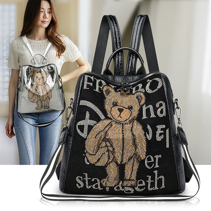 Women's Letter Multi-functional Rhinestone Bear Leather Backpack