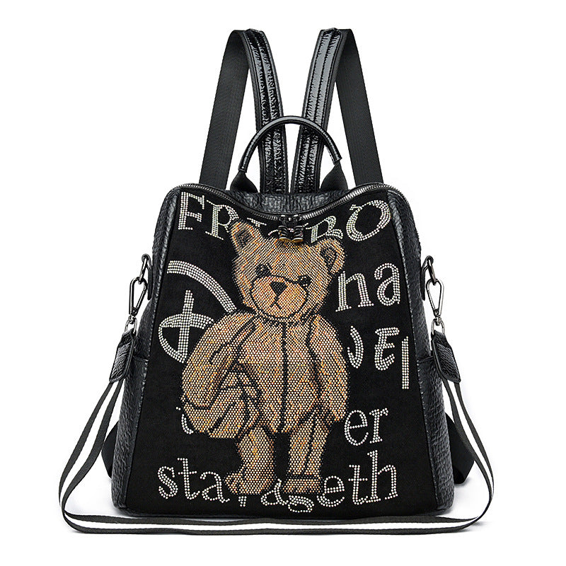 Women's Letter Multi-functional Rhinestone Bear Leather Backpack