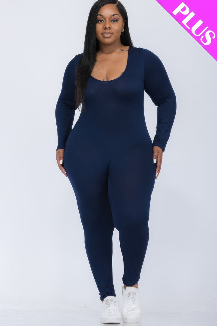 Plus Size Scoop-Neck Long-Sleeve Jumpsuit in Navy, front view