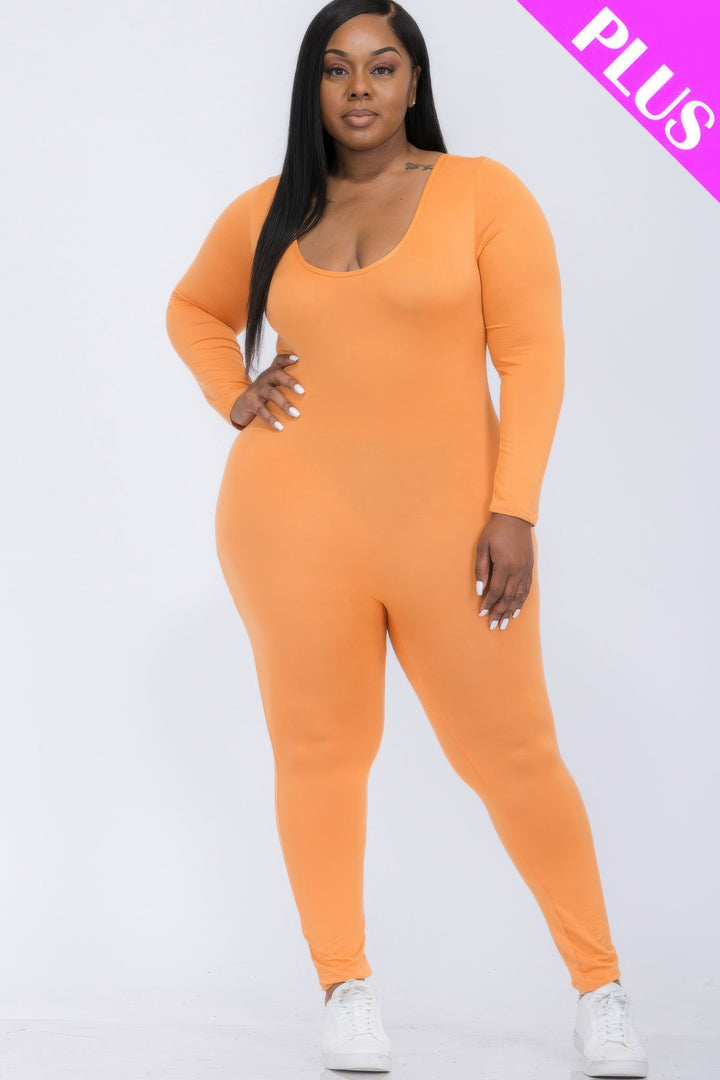 Plus Size Scoop-Neck Long-Sleeve Jumpsuit in Tomato Cream, front view