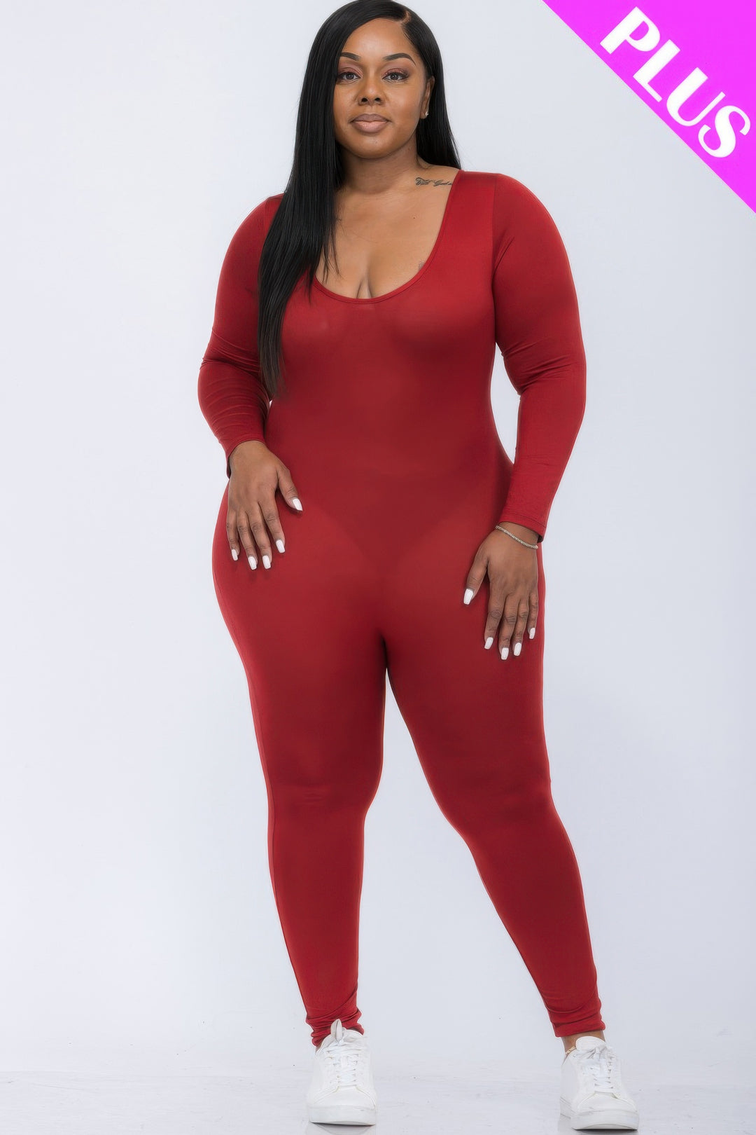 Plus Size Scoop-Neck Long-Sleeve Jumpsuit in Winery, front view