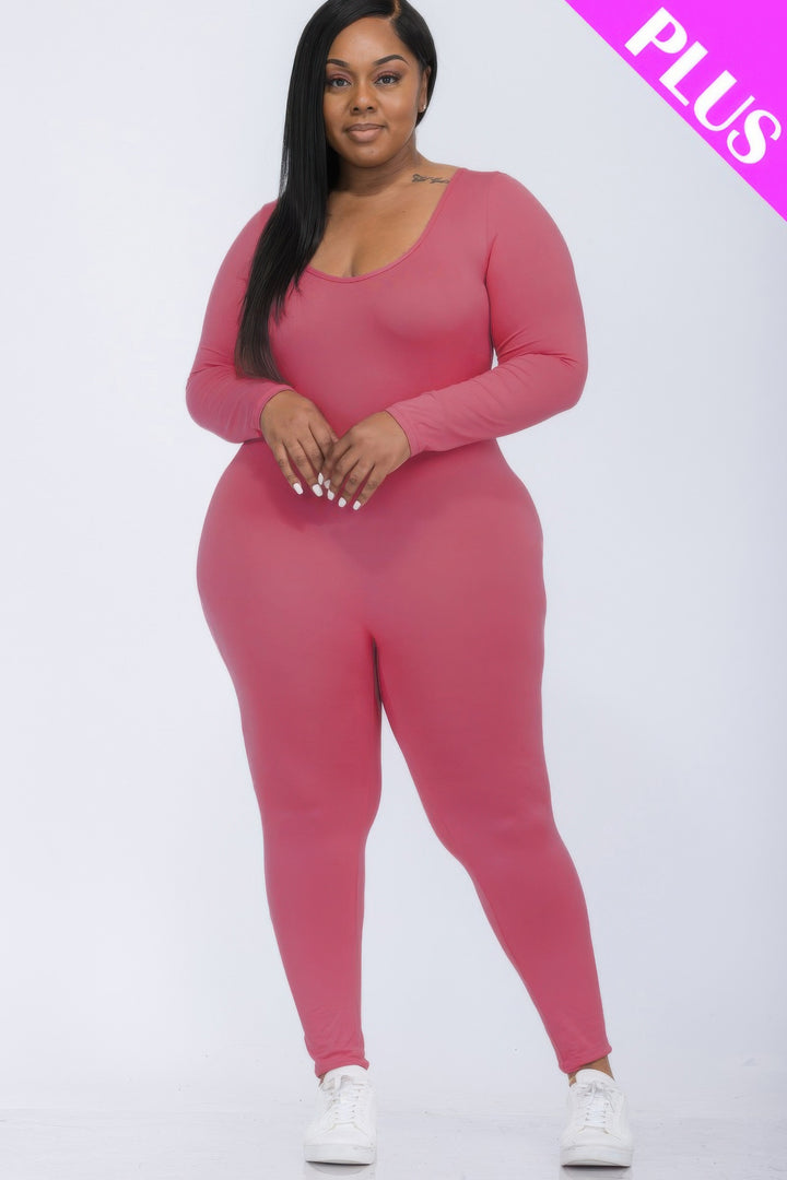 Plus Size Scoop-Neck Long-Sleeve Jumpsuit in Dark Mauve, front view