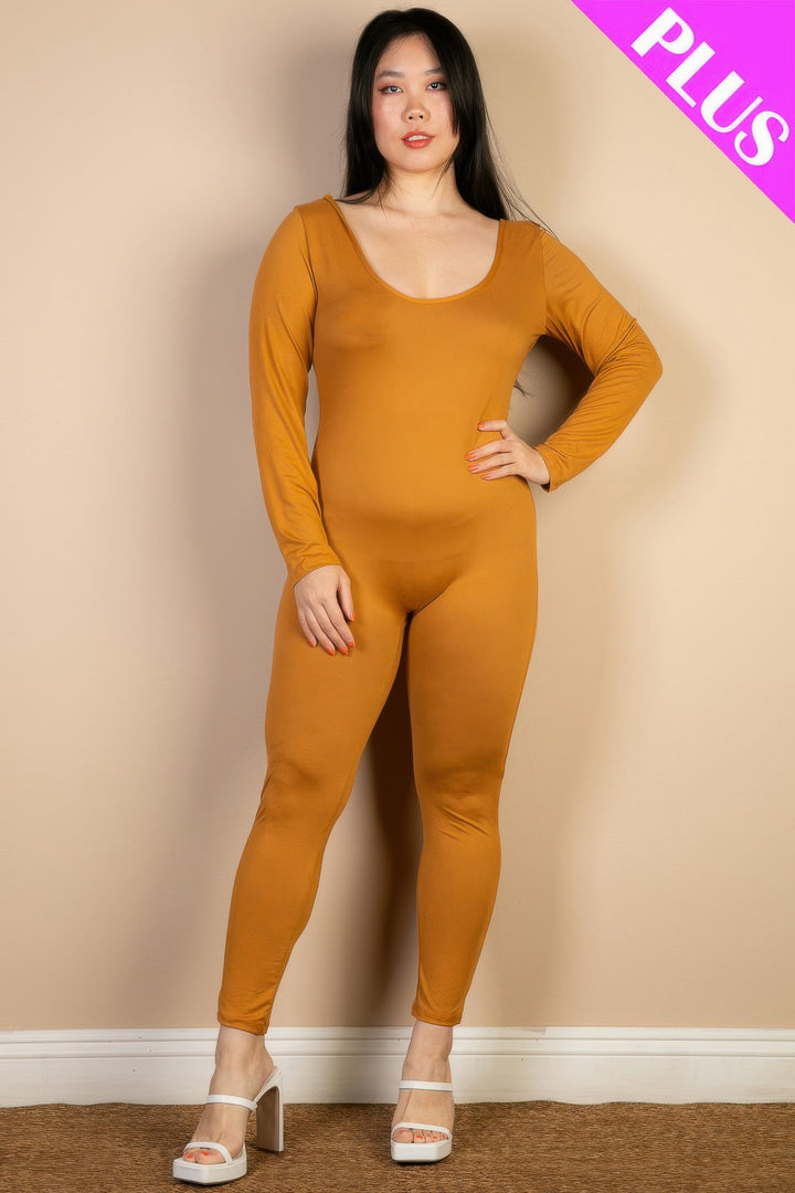Plus Size Scoop-Neck Long-Sleeve Jumpsuit in Brown Sugar, front view