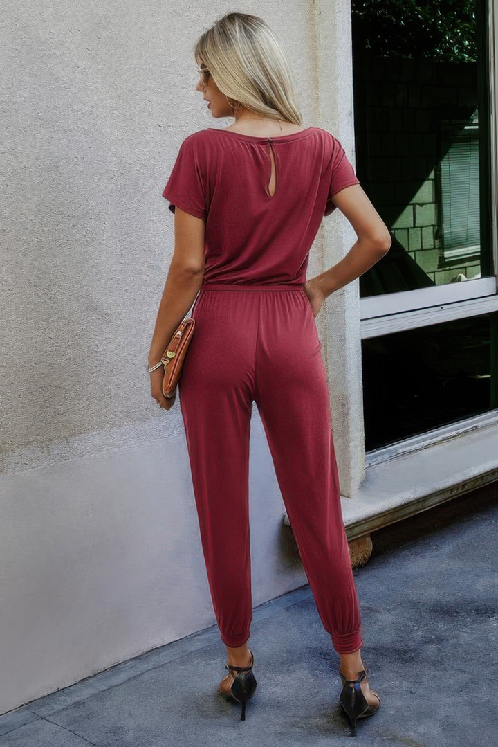 Wine off-shoulder drawstring jogger jumpsuit back view