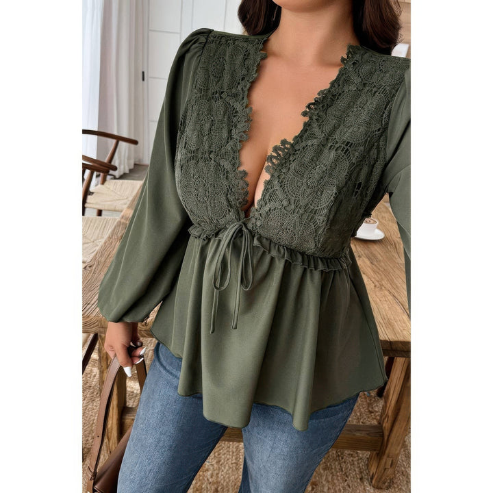Plus Size Lace-Trim Peplum Blouse in Olive, lace neckline detail