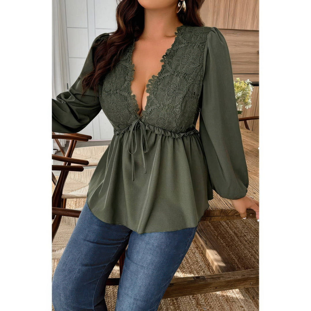 Plus Size Lace-Trim Peplum Blouse in Olive, three-quarter front view