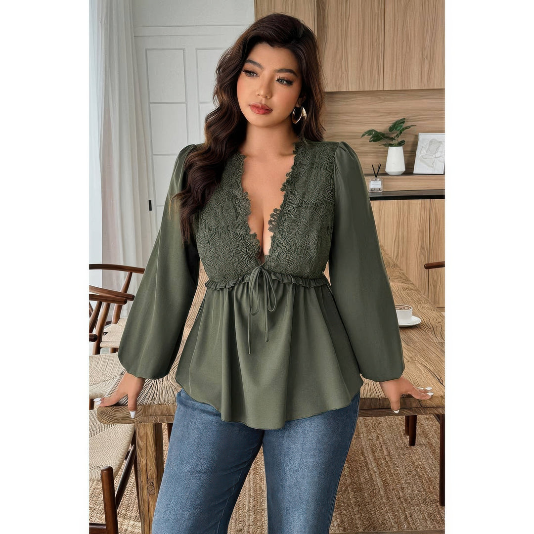 Plus Size Lace-Trim Peplum Blouse in Olive, front view