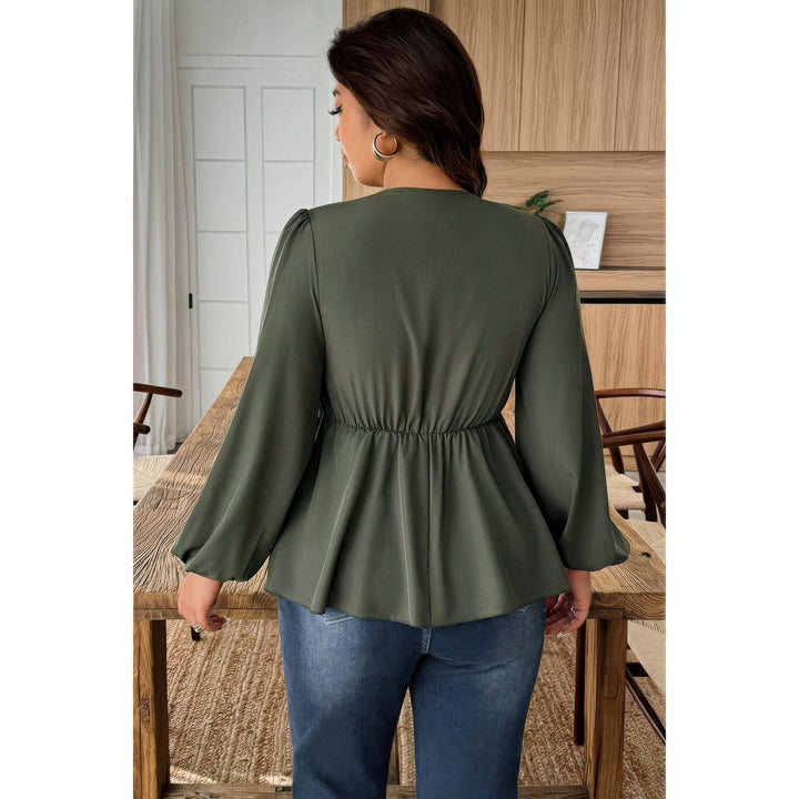 Plus Size Lace-Trim Peplum Blouse in Olive, back view