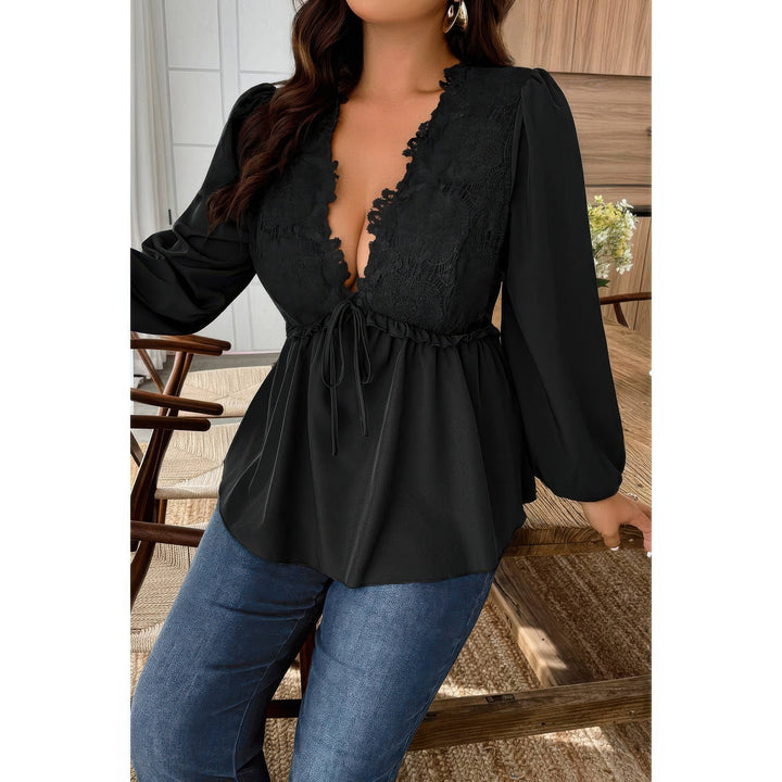 Plus Size Lace-Trim Peplum Blouse in Black, lace neckline detail