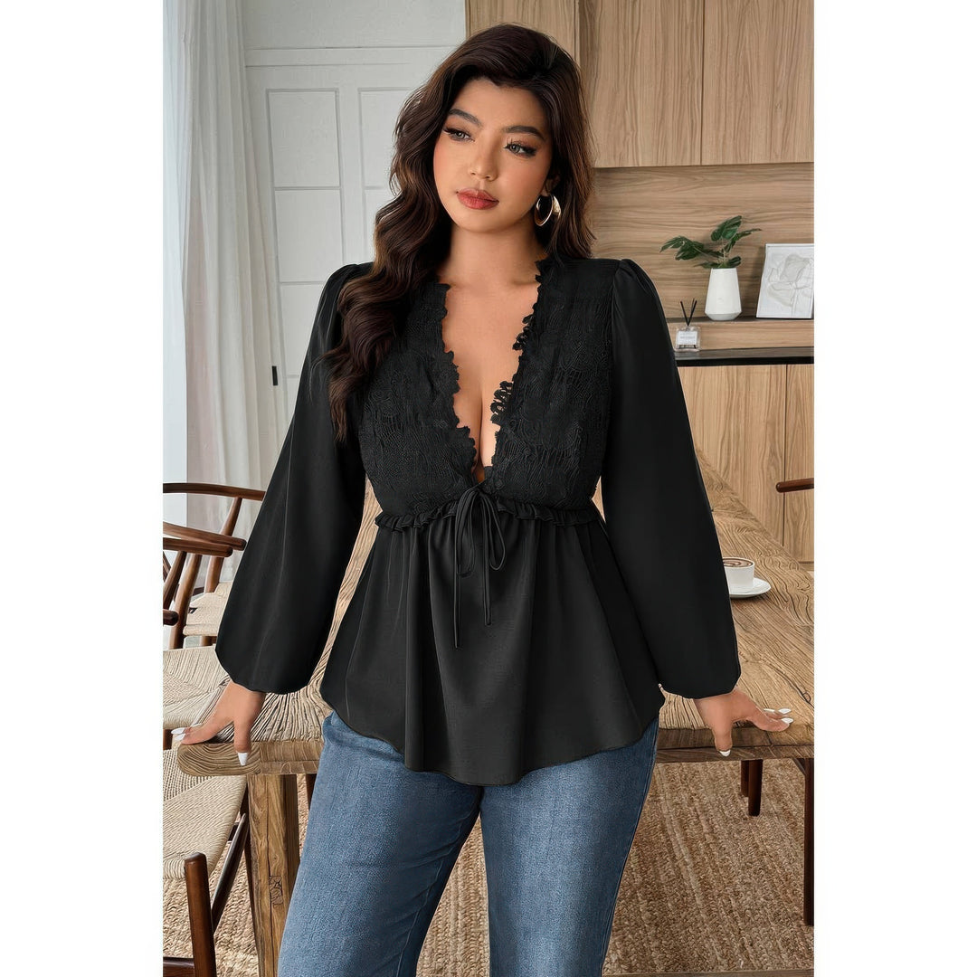 Plus Size Lace-Trim Peplum Blouse in Black, front view