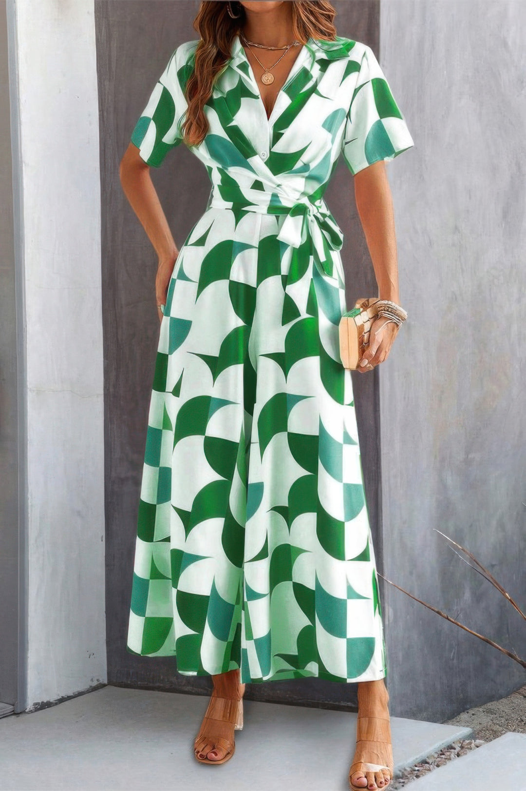 Green geometric-print belted wide-leg jumpsuit
