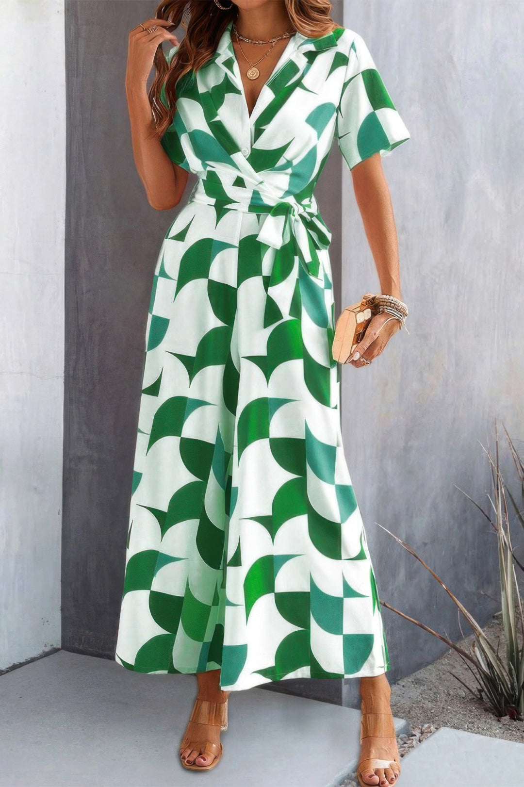 Green button-front wide-leg jumpsuit with waist belt