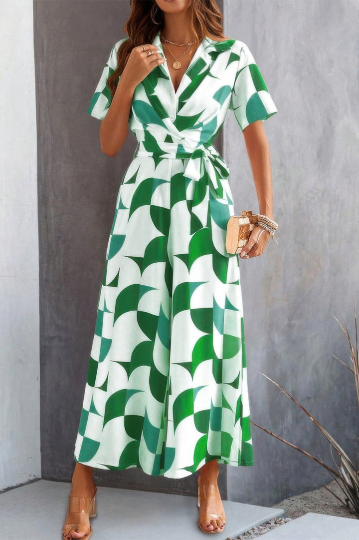Green geometric-print jumpsuit full-length view
