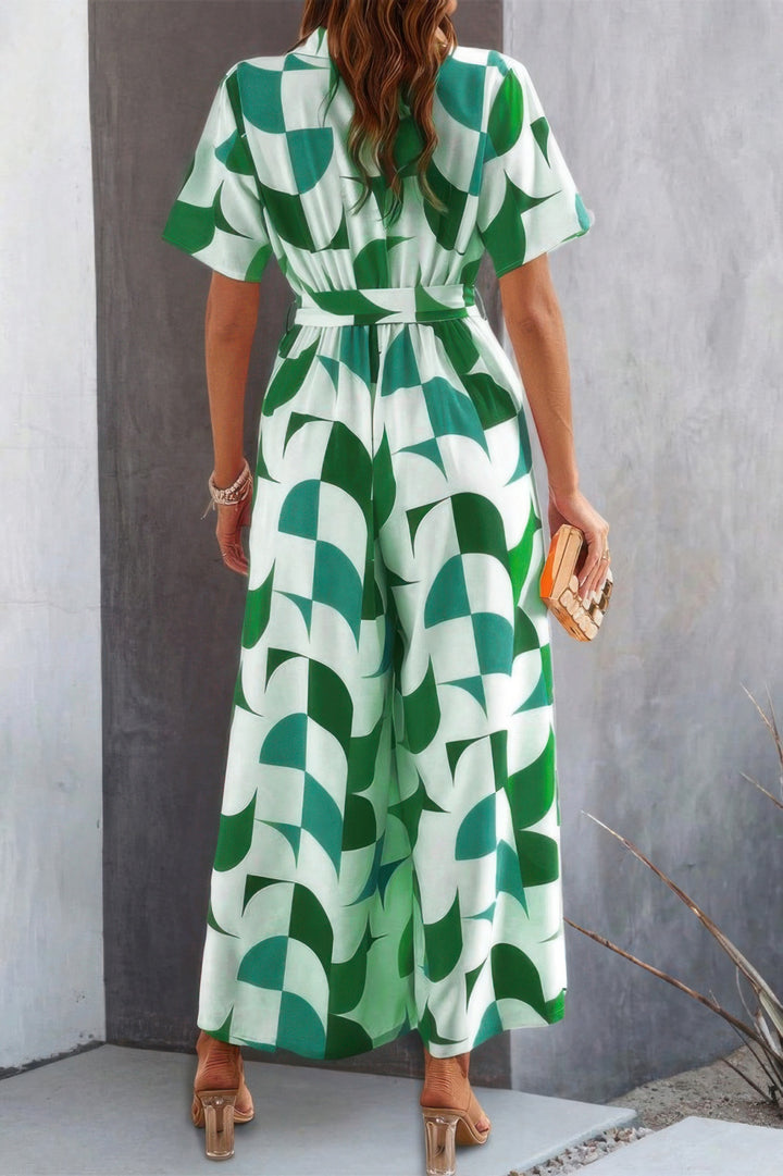 Green belted wide-leg jumpsuit back view