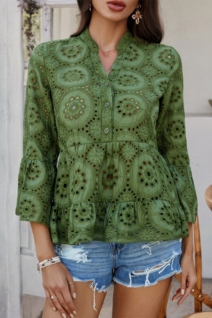 Eyelet Flounce-Sleeve Peplum Blouse in Army Green, front view