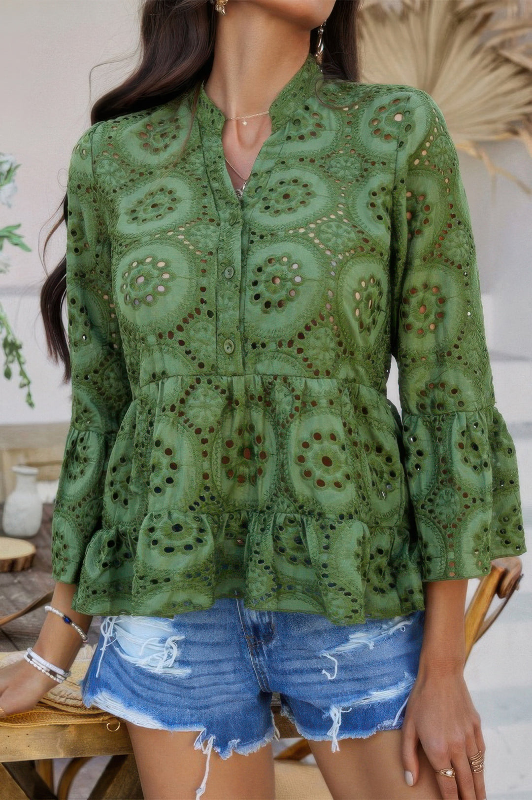 Eyelet Flounce-Sleeve Peplum Blouse in Army Green, three-quarter front view