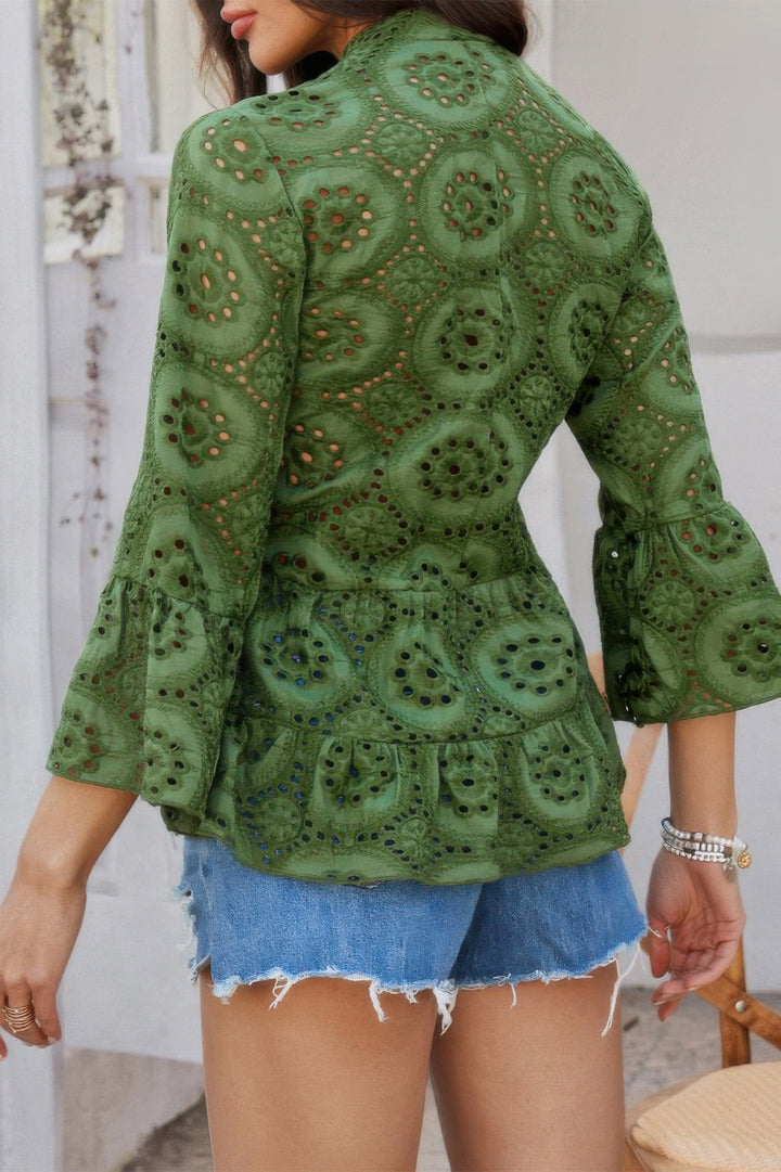 Eyelet Flounce-Sleeve Peplum Blouse in Army Green, back view