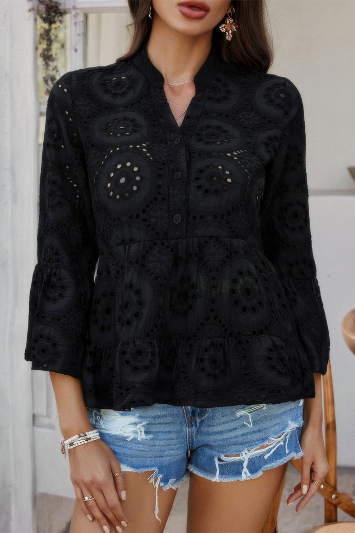 Eyelet Flounce-Sleeve Peplum Blouse in Black, front view