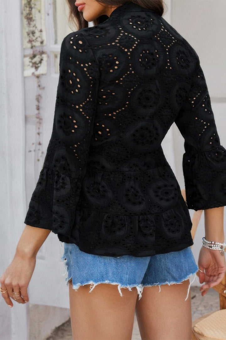 Eyelet Flounce-Sleeve Peplum Blouse in Black, back view