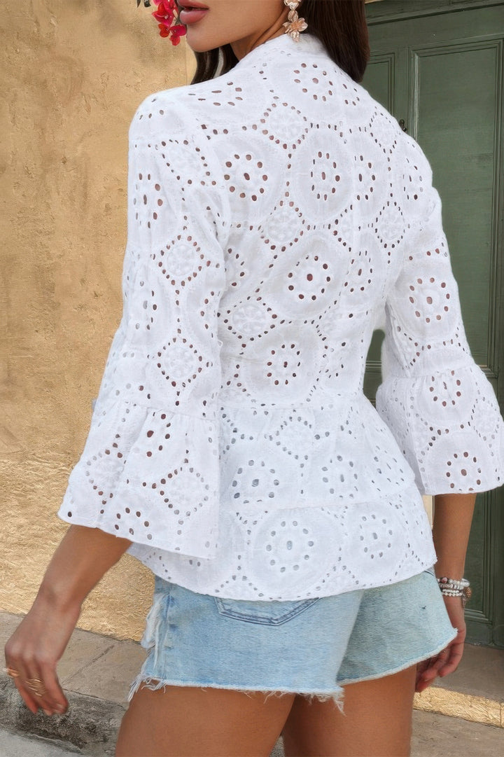 Eyelet Flounce-Sleeve Peplum Blouse in White, back view