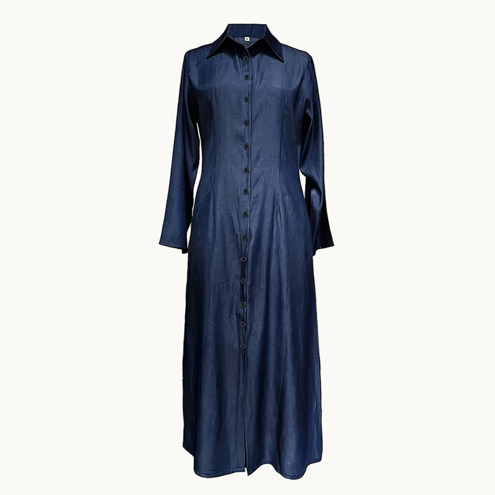 Women's Casual Denim Maxi Dress – Long Sleeve Button-Down Jean Dress with Pockets