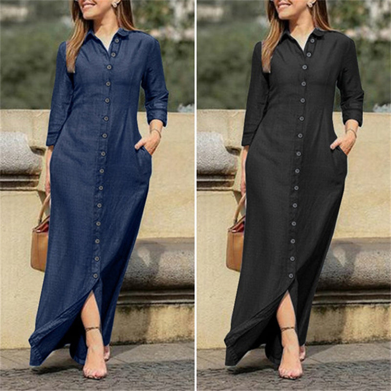 Women's Casual Denim Maxi Dress – Long Sleeve Button-Down Jean Dress with Pockets